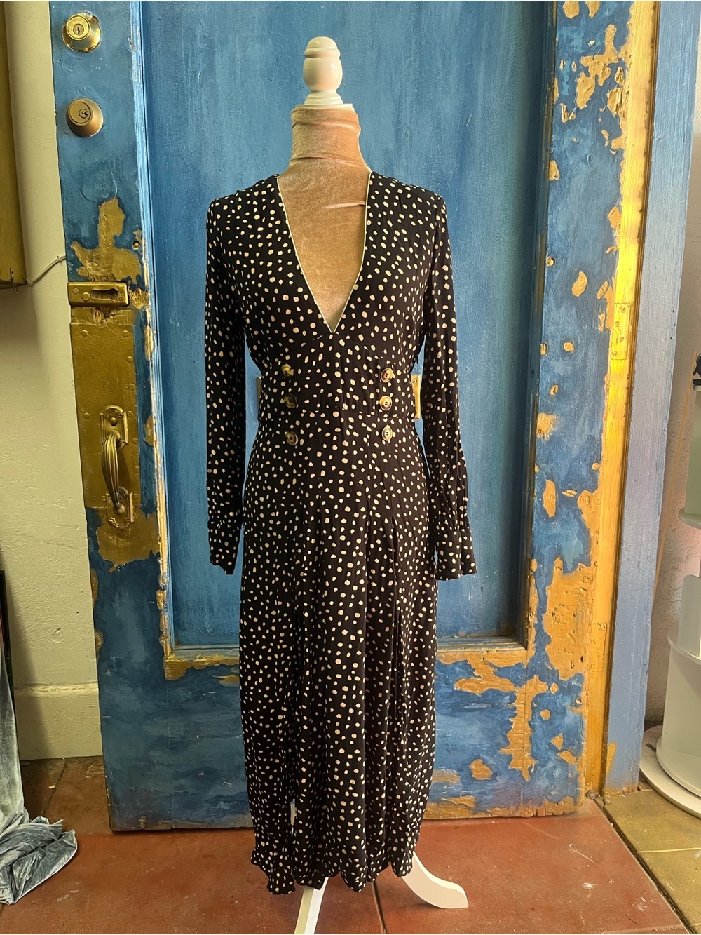 Topshop Black Polka Dot Long Sleeve Midi Dress